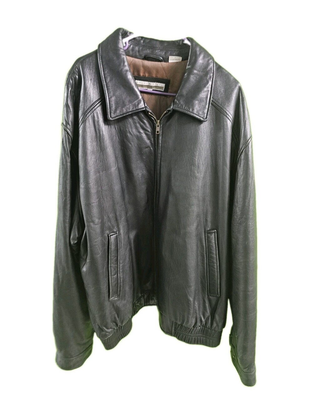 Perry Ellis Black Leather Bomber Jacket Full Zip Quilted Liner Mens XXL Y2K VTG